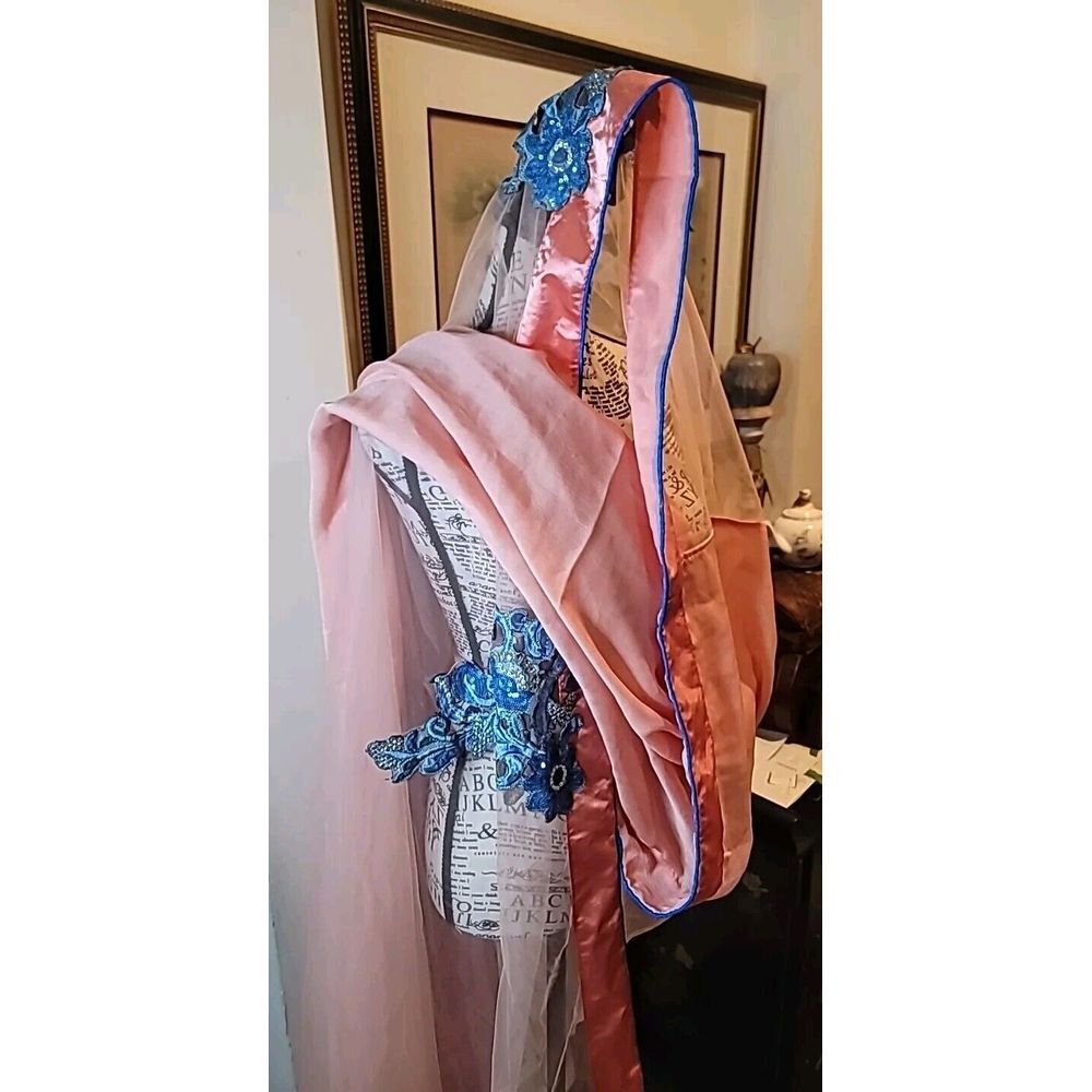 Vintage Heavy Bridal Dupatta Peach Long Hijab‎ Embroidered Veil - Picture 4 of 10